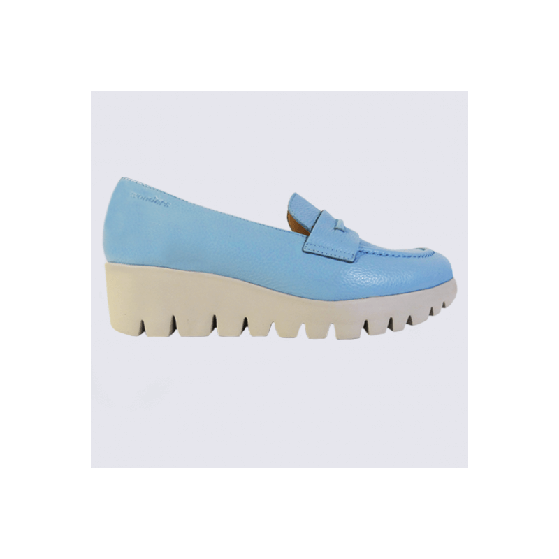 Mocassins Wonders, mocassins talon compensé femme en cuir bleu