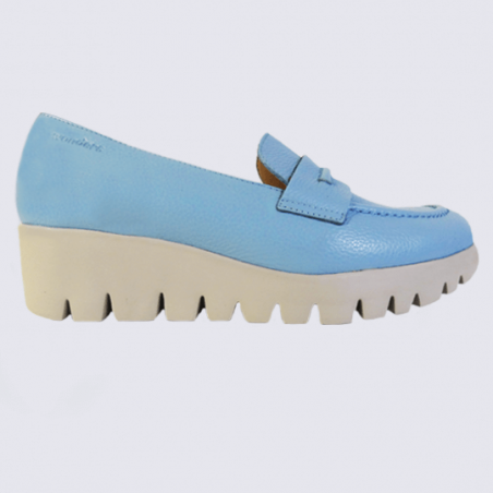 Mocassins Wonders, mocassins talon compensé femme en cuir bleu