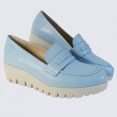 Mocassins Wonders, mocassins talon compensé femme en cuir bleu