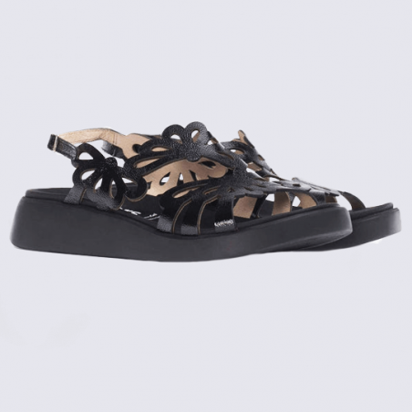 Sandales Wonders, sandales effet floral tendances femme en cuir noir