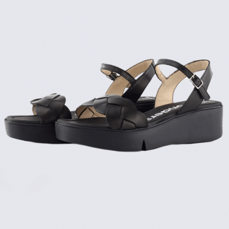 Sandales Wonders, sandales compensées et tressées femme en cuir noir