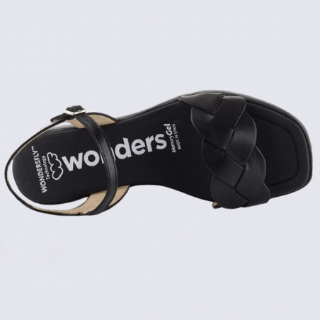 Sandales Wonders, sandales compensées et tressées femme en cuir noir