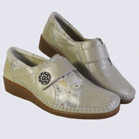 Chaussures Arima, chaussures fermées velcro femme en cuir métallisé beige