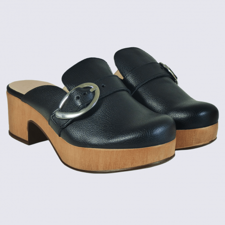 Mules Wonders, mules à talon fermées femme en cuir noir