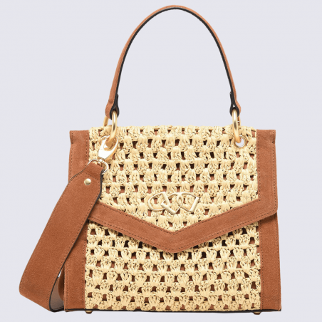 Sac à bandoulière Etrier, sac à main élégant femme en cuir nubuck et paille