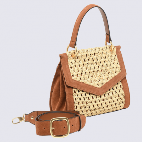 Sac à bandoulière Etrier, sac à main élégant femme en cuir nubuck et paille