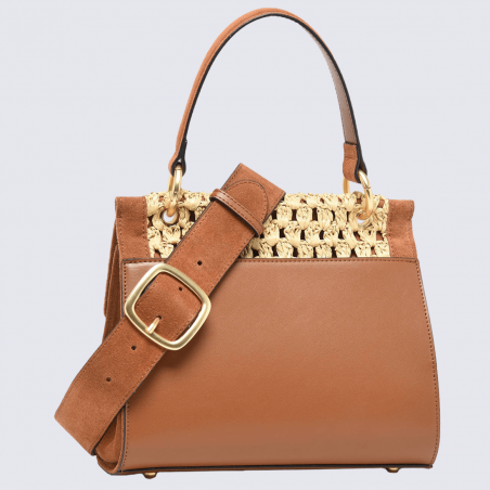 Sac à bandoulière Etrier, sac à main élégant femme en cuir nubuck et paille