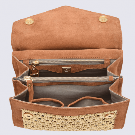 Sac à bandoulière Etrier, sac à main élégant femme en cuir nubuck et paille