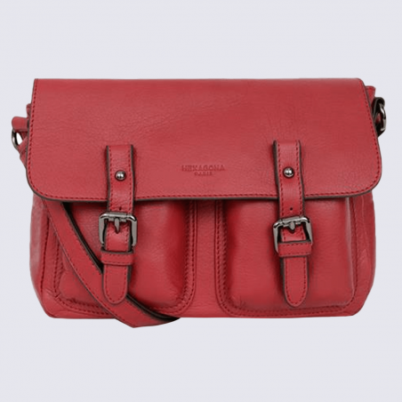 Sac à bandoulière Hexagona, sac porté travers femme en cuir rouge carmin