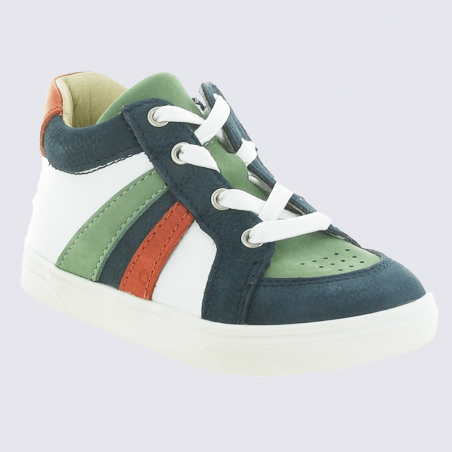 Baskets Bellamy, baskets à lacets et zip garçons en cuir marine vert blanc