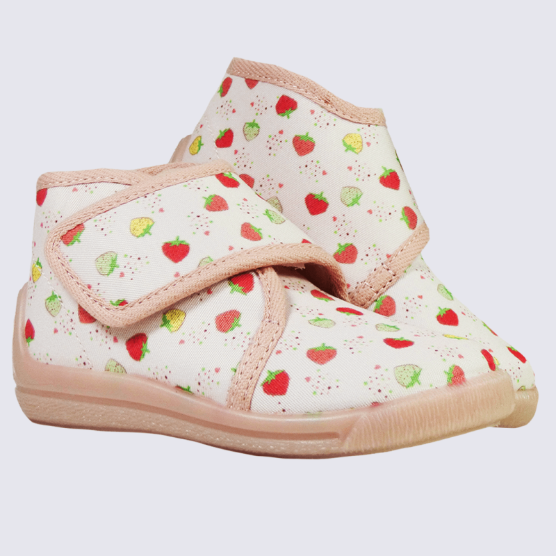 Chaussons Bellamy, chaussons motif fraises filles textile rose