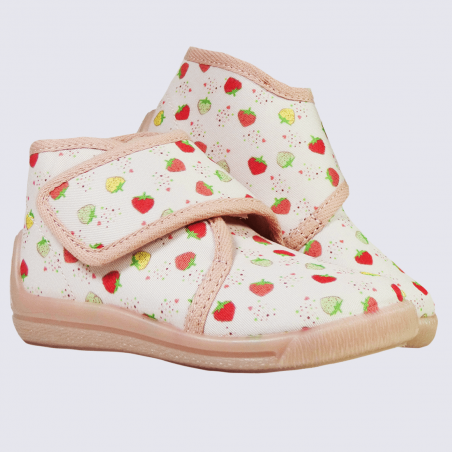 Chaussons Bellamy, chaussons motif fraises filles textile rose