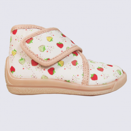 Chaussons Bellamy, chaussons motif fraises filles textile rose