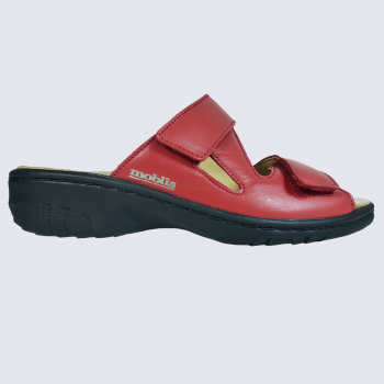 Mules Mobils, mules confortables femme en cuir rouge écarlate