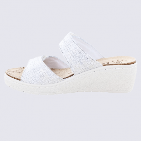 Mules Mobils, mules compensées tendances femme en cuir blanc métallisé