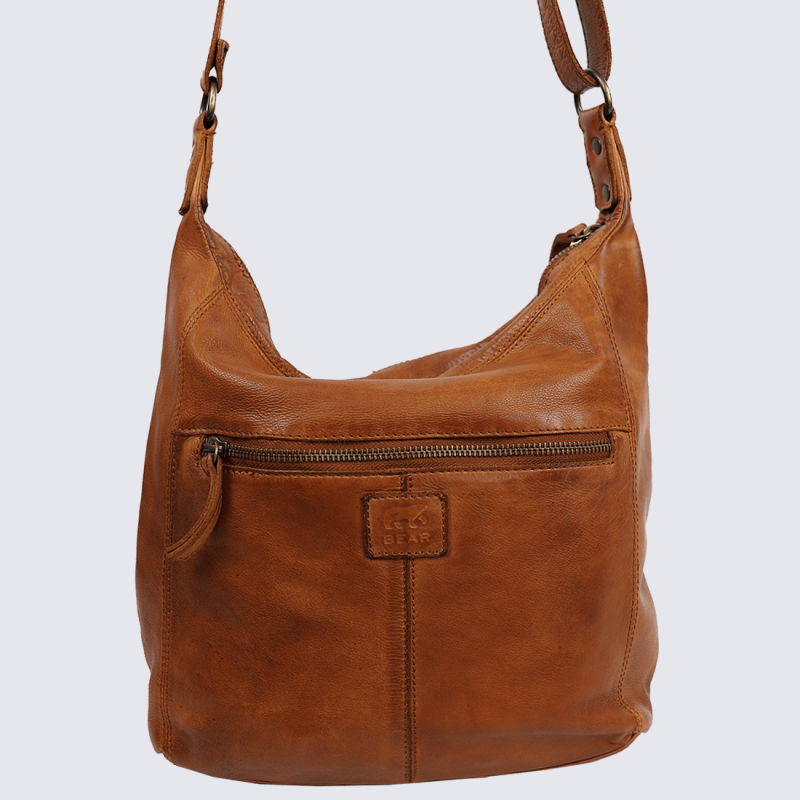 Sac à bandoulière Bear, sac bandoulière design femme en cuir cognac