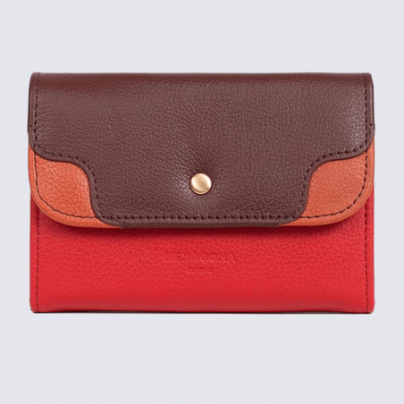 Porte-monnaie Hexagona, porte-monnaie bicolore femme en cuir rouge/orange