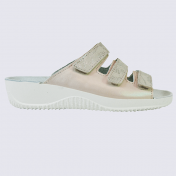 Mules Rohde, mules confortables 3 brides velcro femme en cuir rose/blanc