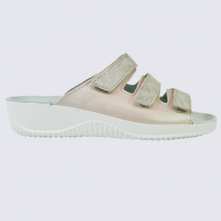 Mules Rohde, mules confortables 3 brides velcro femme en cuir rose/blanc