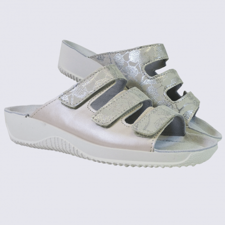 Mules Rohde, mules confortables 3 brides velcro femme en cuir rose/blanc