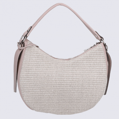 Sac à bandoulière Charlotte, sac en Rafia pour femme en cuir et rafia gris/rose