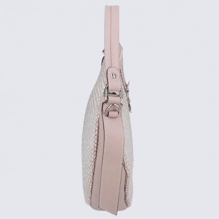 Sac à bandoulière Charlotte, sac en Rafia pour femme en cuir et rafia gris/rose