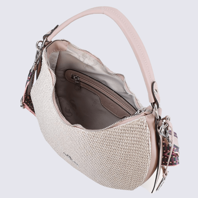 Sac à bandoulière Charlotte, sac en Rafia pour femme en cuir et rafia gris/rose