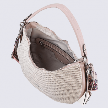 Sac à bandoulière Charlotte, sac en Rafia pour femme en cuir et rafia gris/rose