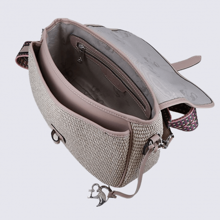 Sac porté épaule Charlotte, sac porté épaule en Raphia pour femme en cuir et raphia gris/rose