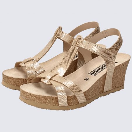 Sandales Mephisto, sandales à talons compensés femme en cuir beige irisé