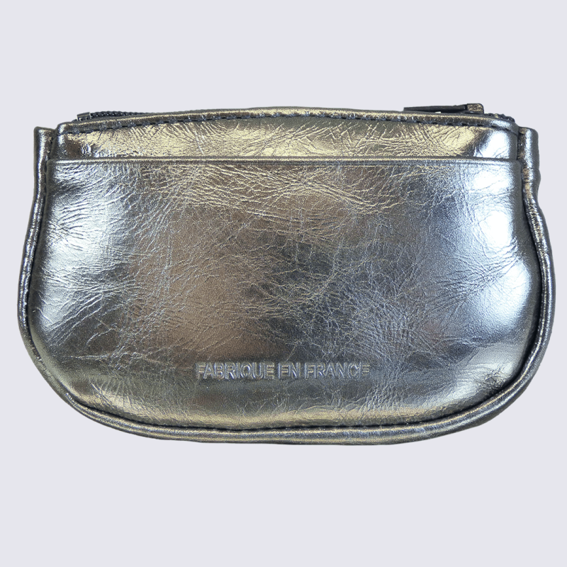 Porte-monnaie Frandi, petit porte-monnaie tendance femme en cuir gris métallisé