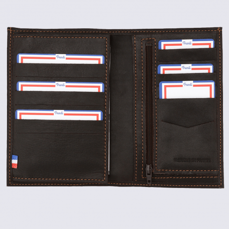 Portefeuille Frandi, portefeuille avec poche extérieure homme en cuir authentique marron