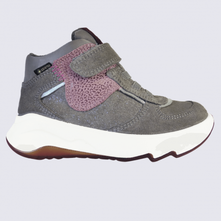 Baskets Superfit, baskets tendances filles en cuir nubuck gris/bordeaux