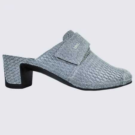 Mules Vital, mules à talon matelassé femme en cuir gris craquelé