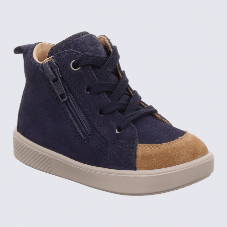 Baskets Superfit, baskets tendances garçons en cuir nubuck bleu/brun