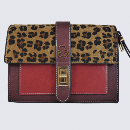 Petit sac à bandoulière Lulu Castagnette, petit sac à bandoulière motif léopard femme bordeaux