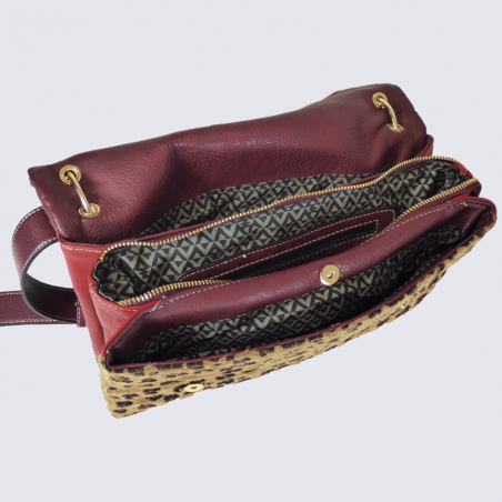 Sac à bandoulière Lulu Castagnette, sac à bandoulière motif léopard femme bordeaux