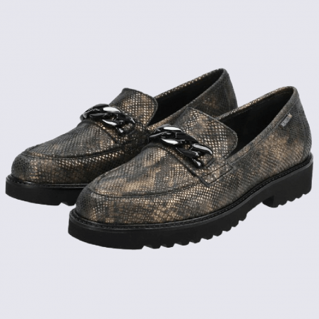 Mocassins Mephisto, mocassins cousu main motif reptile femme en cuir doré et noir