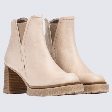 Bottines Wonders, bottines Miera à talon femme en cuir beige