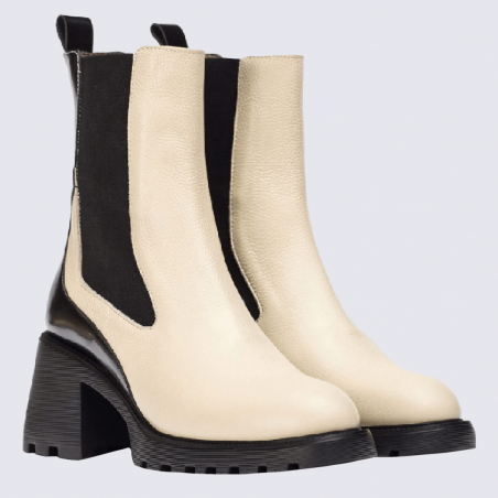 Bottines Wonders, bottines Chelsea à talon femme en cuir noir et beige