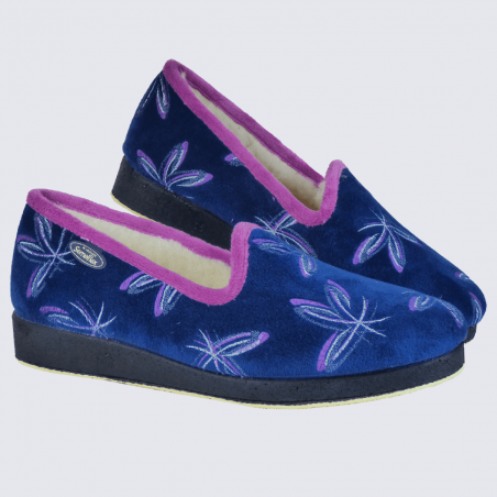 Chaussons Semelflex, chaussons charentaises fourrés motif floral femme bleu marine