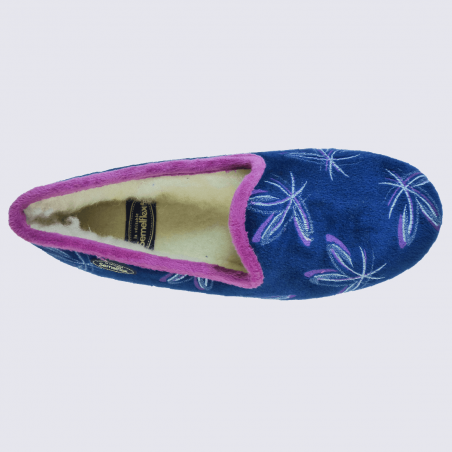 Chaussons Semelflex, chaussons charentaises fourrés motif floral femme bleu marine