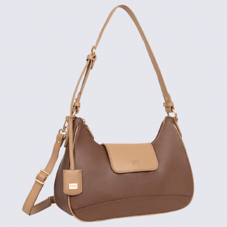 Sac porté épaule Hexagona, sac porté épaule ligne Olivia femme en cuir cognac/amande