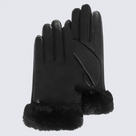 Gants Isotoner, gants bord fausse fourrure femme en cuir noir