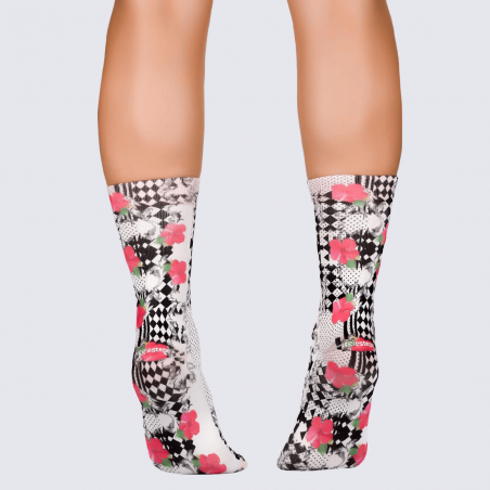 Chaussettes Wigglesteps, chaussettes Hibiscus femme en coton bio rose et noir