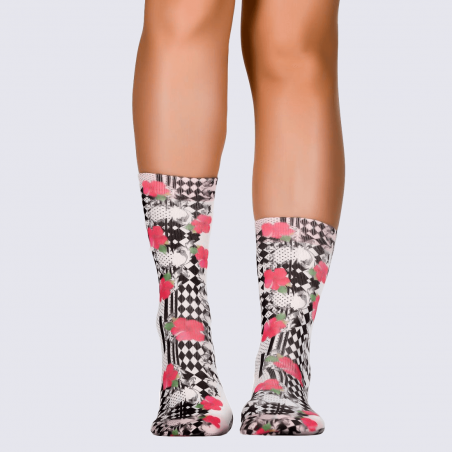 Chaussettes Wigglesteps, chaussettes Hibiscus femme en coton bio rose et noir