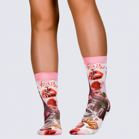 Chaussettes Wigglesteps, chaussettes motif Paris je t'aime femme en coton bio rose