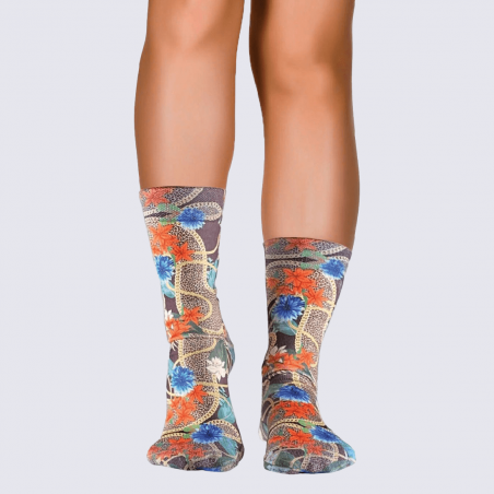 Chaussettes Wigglesteps, chaussettes motif fleurs femme en coton bio rouge et bleu