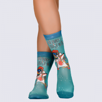 Chaussettes Wigglesteps, chaussettes motif Licorne de Noël femme en coton bio bleu