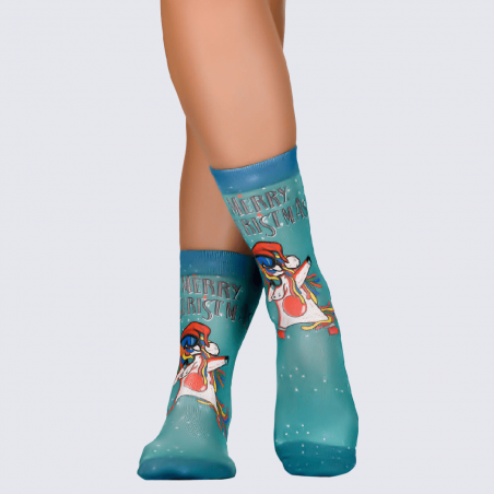 Chaussettes Wigglesteps, chaussettes motif Licorne de Noël femme en coton bio bleu